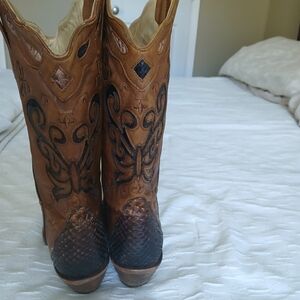 Embroidered Tan Leather Heeled Boots